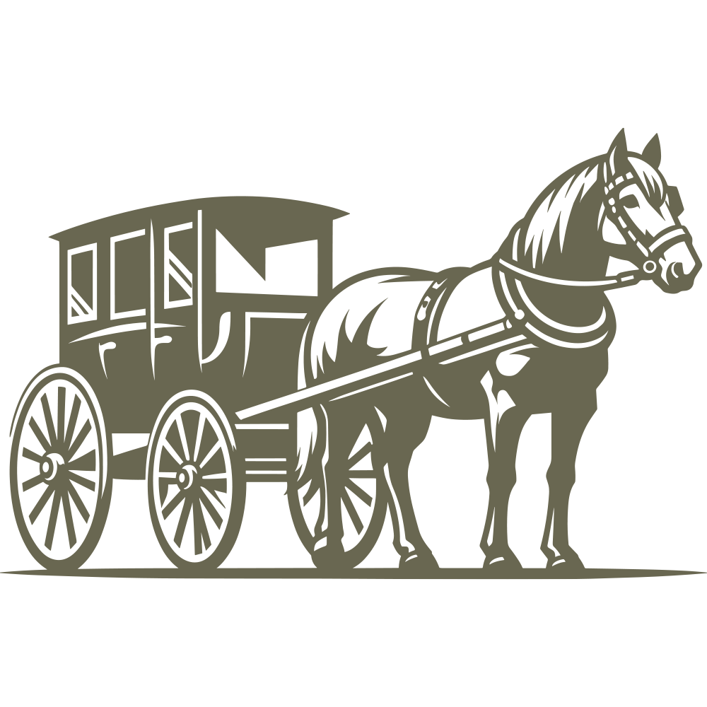 Classic horse-drawn carriage design featuring a detailed horse in harness and a vintage enclosed carriage with large spoked wheels.