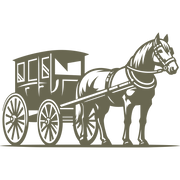 Classic horse-drawn carriage design featuring a detailed horse in harness and a vintage enclosed carriage with large spoked wheels.