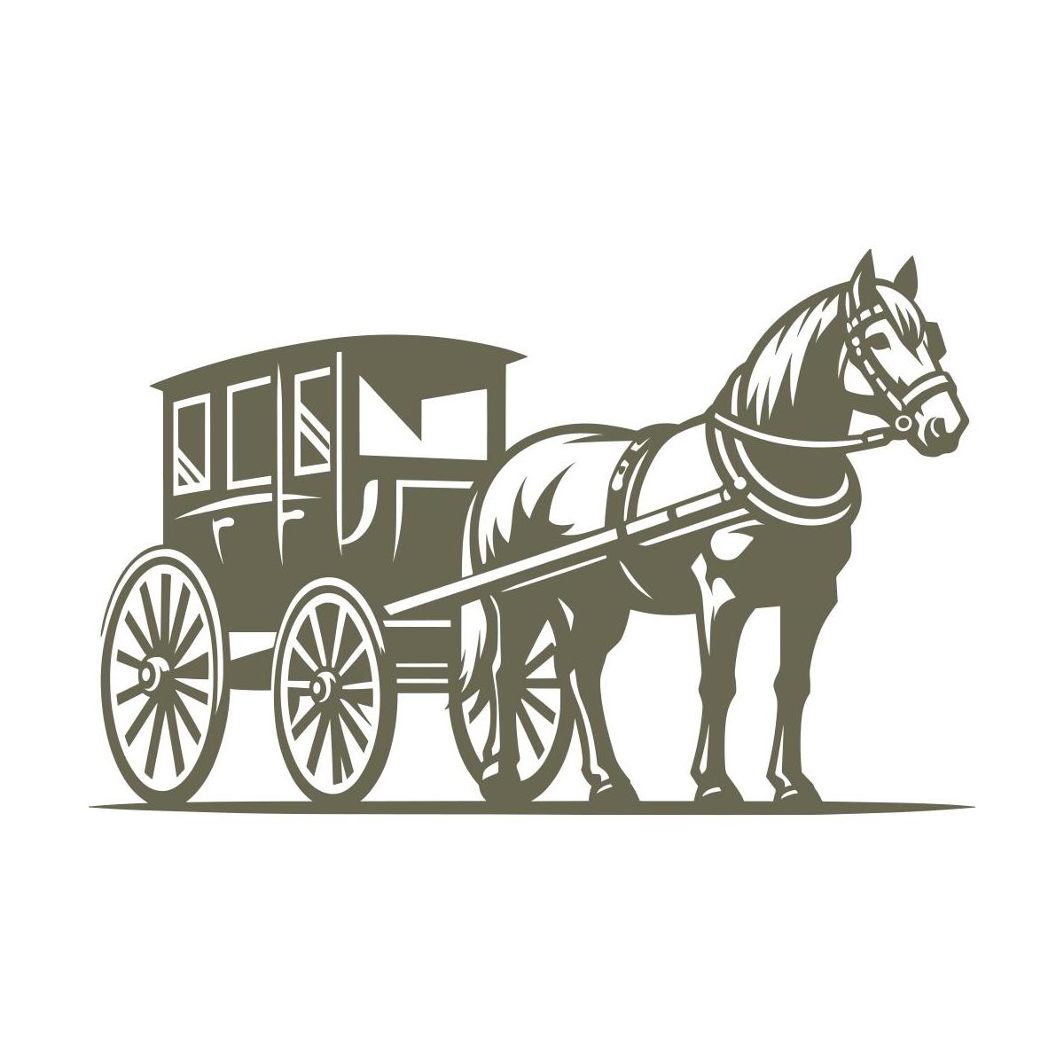 Classic horse-drawn carriage design featuring a detailed horse in harness and a vintage enclosed carriage with large spoked wheels.
