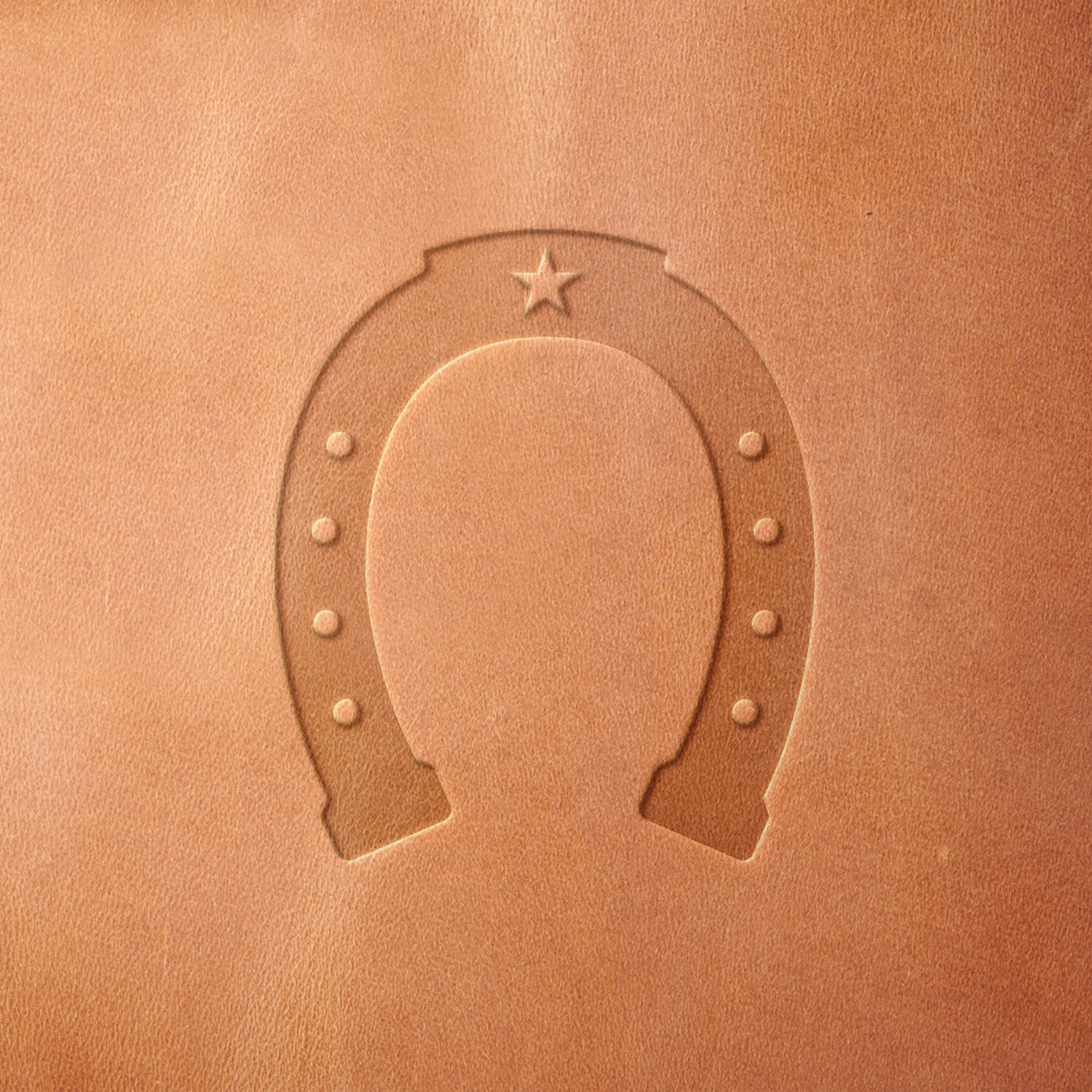 Leather sample stamped with a Delrin leather stamp, showcasing a horseshoe with a star detail and traditional nail hole accents.