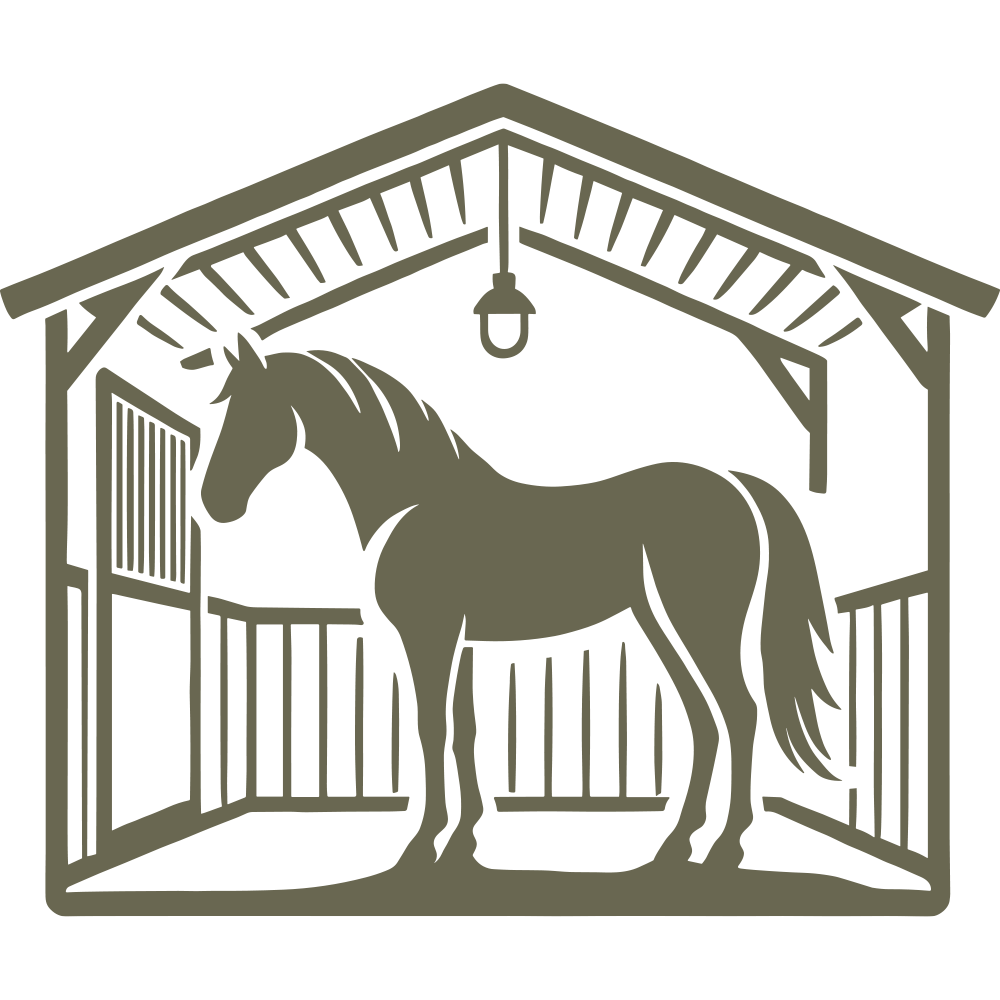 Illustrated horse standing inside a barn, framed by wooden beams and a hanging lantern, capturing a rustic stable scene.