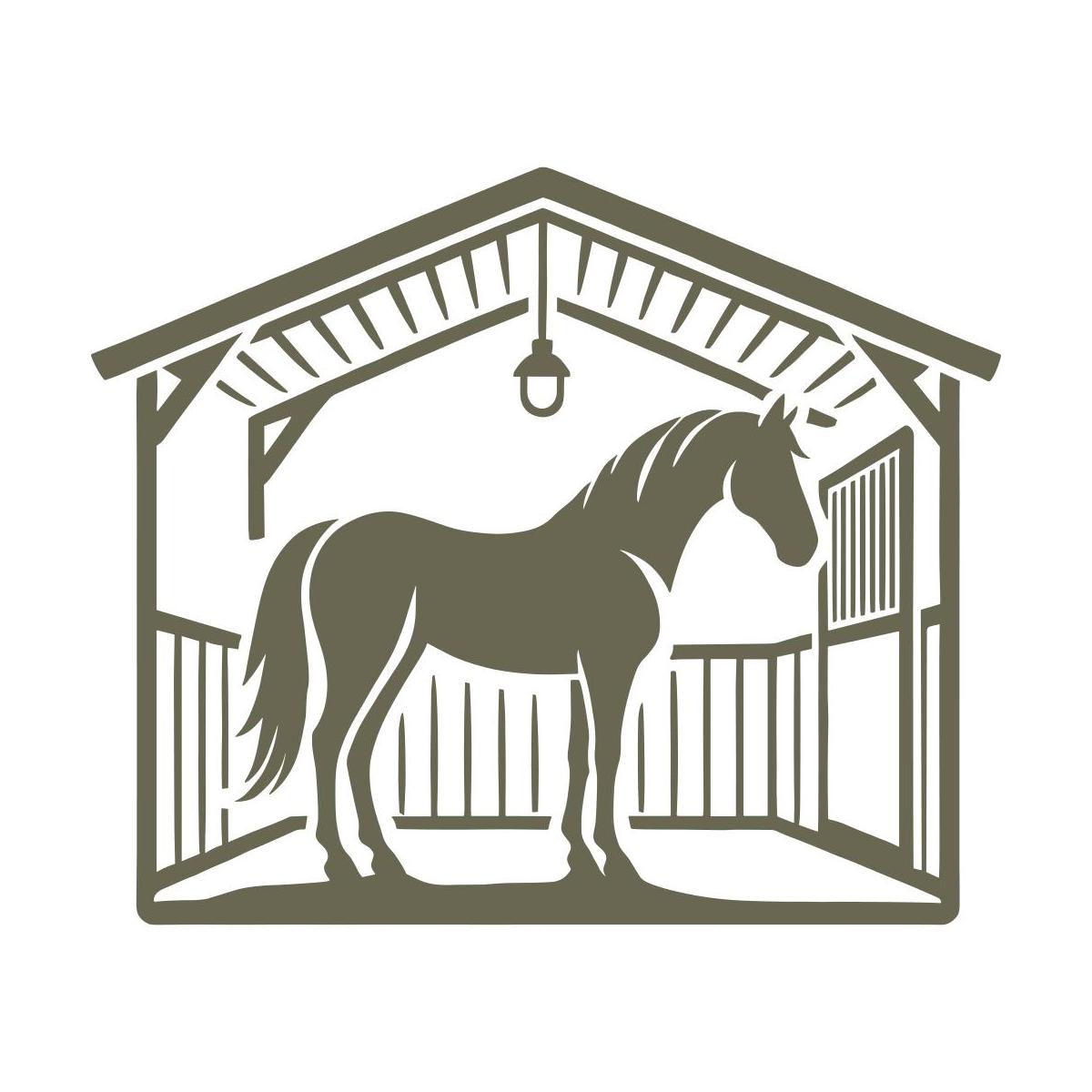 Illustrated horse standing inside a barn, framed by wooden beams and a hanging lantern, capturing a rustic stable scene.