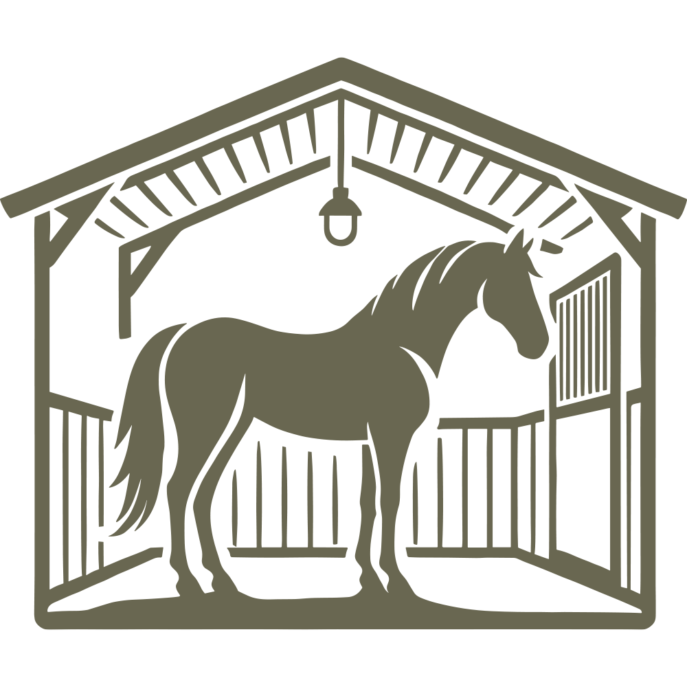 Illustrated horse standing inside a barn, framed by wooden beams and a hanging lantern, capturing a rustic stable scene.