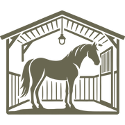 Illustrated horse standing inside a barn, framed by wooden beams and a hanging lantern, capturing a rustic stable scene.