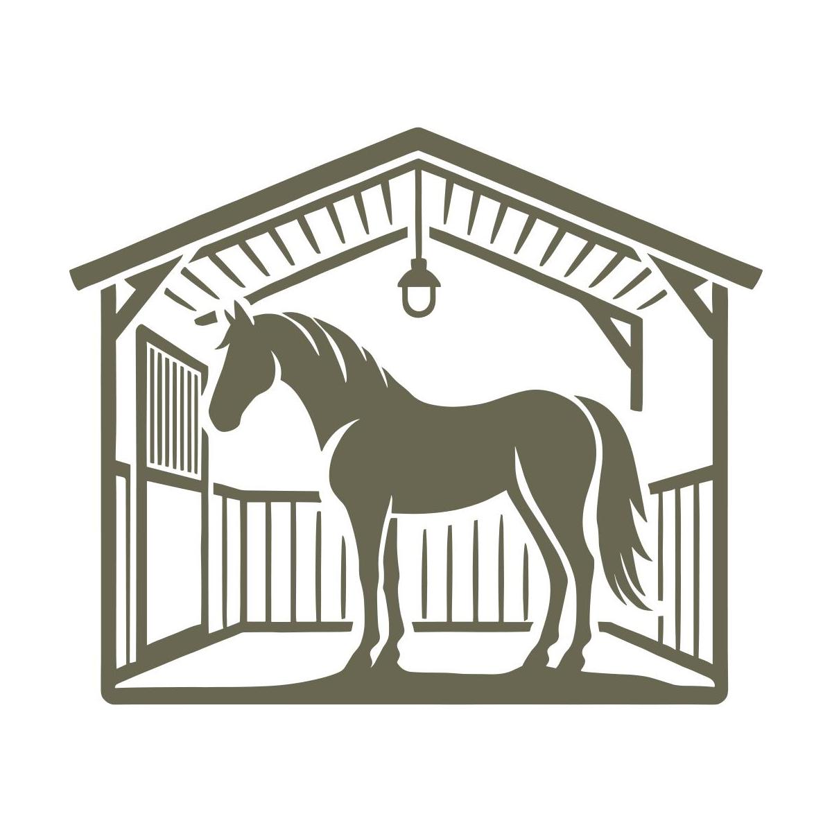 Illustrated horse standing inside a barn, framed by wooden beams and a hanging lantern, capturing a rustic stable scene.