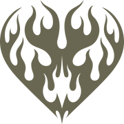 Tribal-style flaming heart design featuring symmetrical flame motifs in a bold, stylized shape.