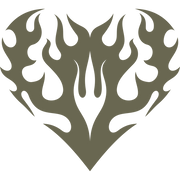 Tribal-style flaming heart design featuring symmetrical flame motifs merging into a heart shape.