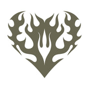 Tribal-style flaming heart design featuring symmetrical flame motifs merging into a heart shape.