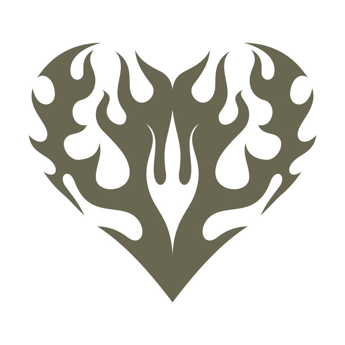 Tribal-style flaming heart design featuring symmetrical flame motifs merging into a heart shape.