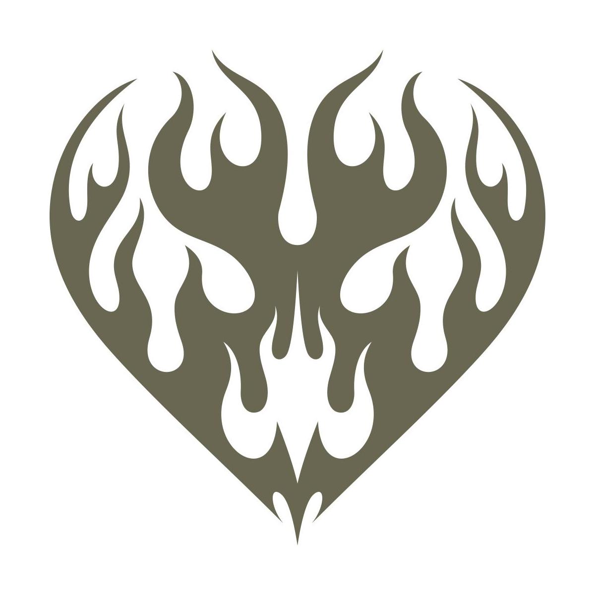 Tribal-style flaming heart design featuring symmetrical flame motifs in a bold, stylized shape.