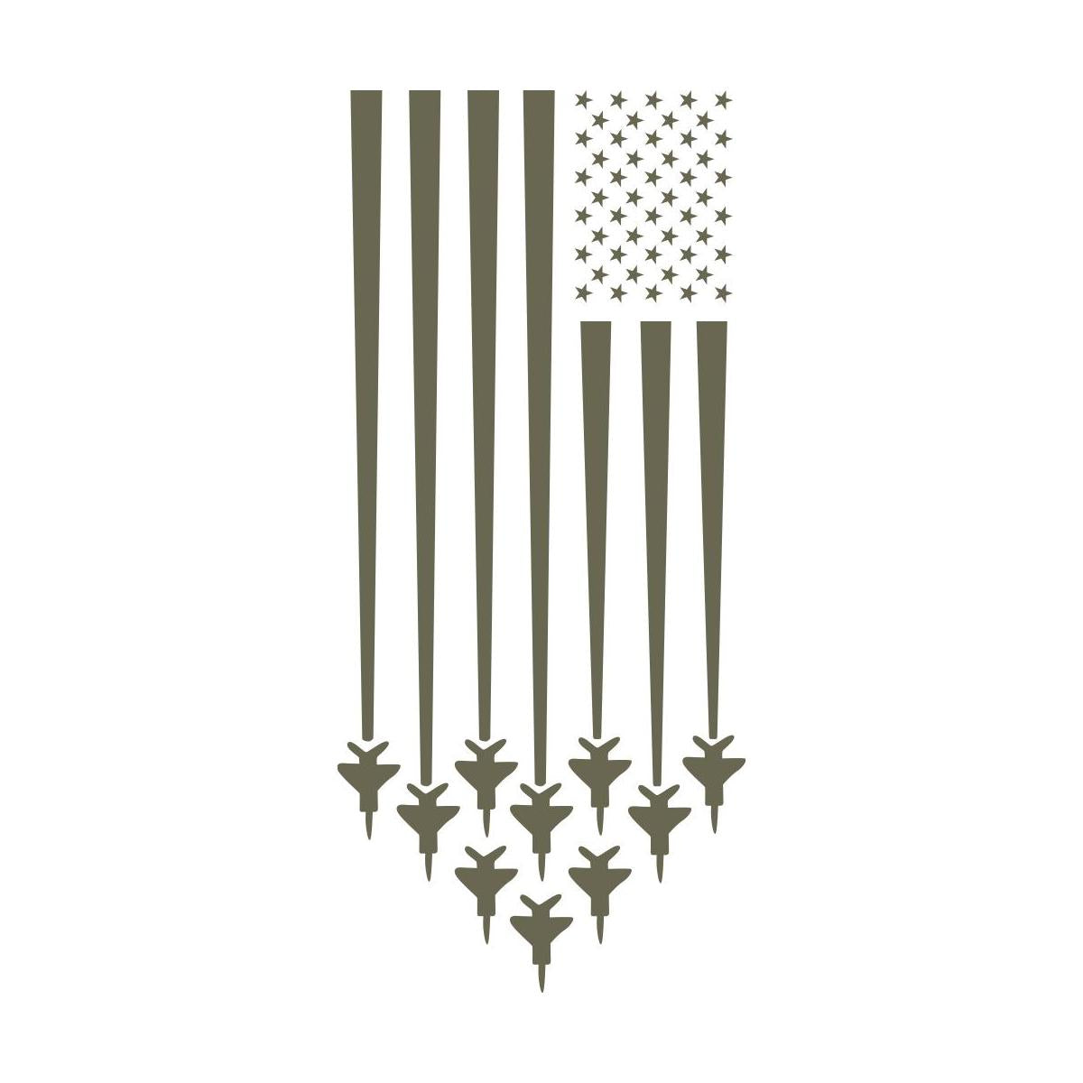 Stylized American flag design with fighter jets forming the stripes, symbolizing patriotism and military strength.