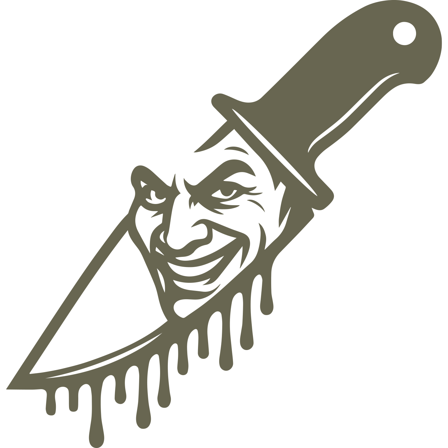 Delrin leather stamp design of a dripping knife with a sinister smiling face reflected in the blade, perfect for horror or Halloween-themed leather projects.