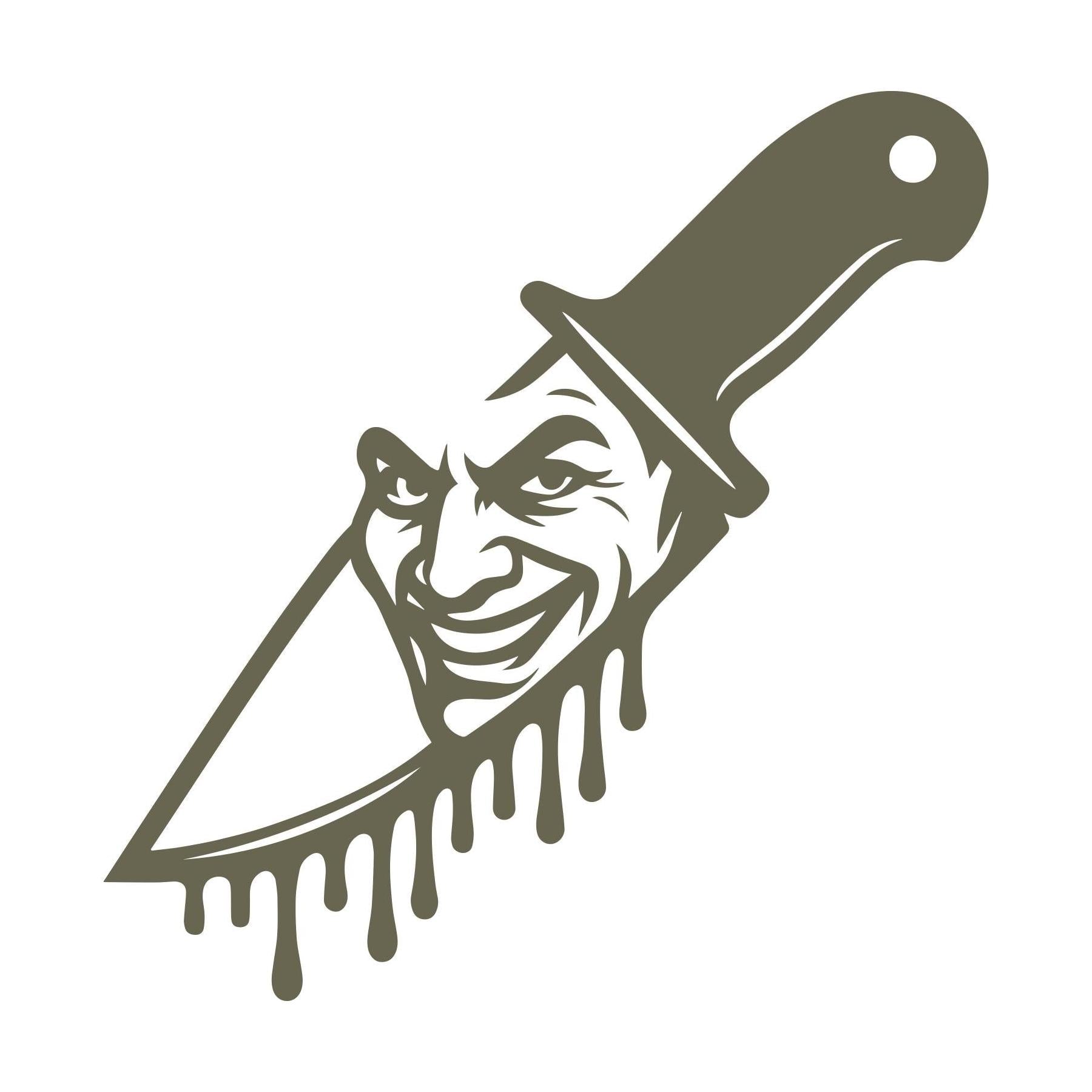 Delrin leather stamp design of a dripping knife with a sinister smiling face reflected in the blade, perfect for horror or Halloween-themed leather projects.