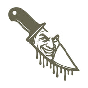 Delrin leather stamp design of a dripping knife with a sinister smiling face reflected in the blade, perfect for horror or Halloween-themed leather projects.