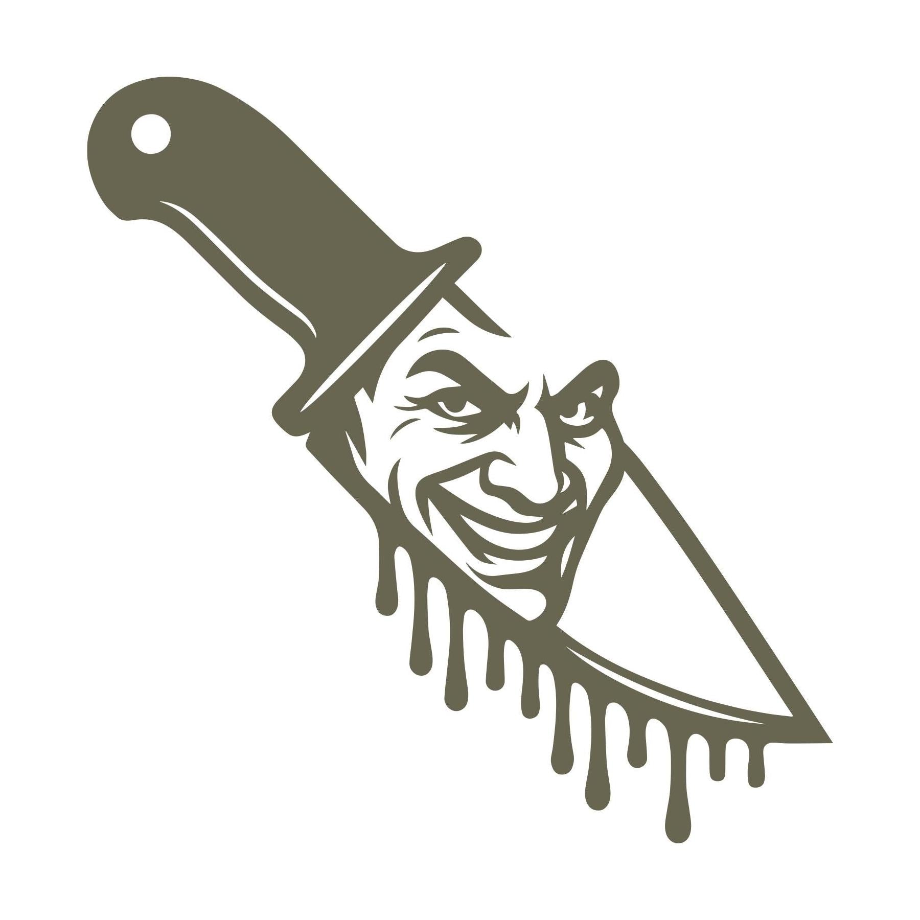 Delrin leather stamp design of a dripping knife with a sinister smiling face reflected in the blade, perfect for horror or Halloween-themed leather projects.