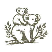 Illustration of a koala with a baby on its back, designed for Delrin leather stamping.