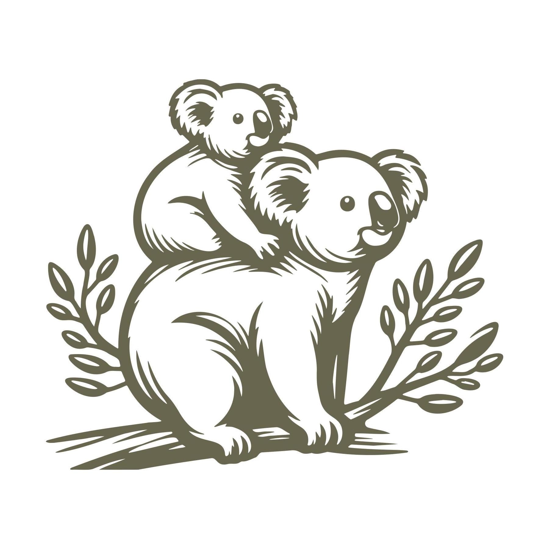 Illustration of a koala with a baby on its back, designed for Delrin leather stamping.