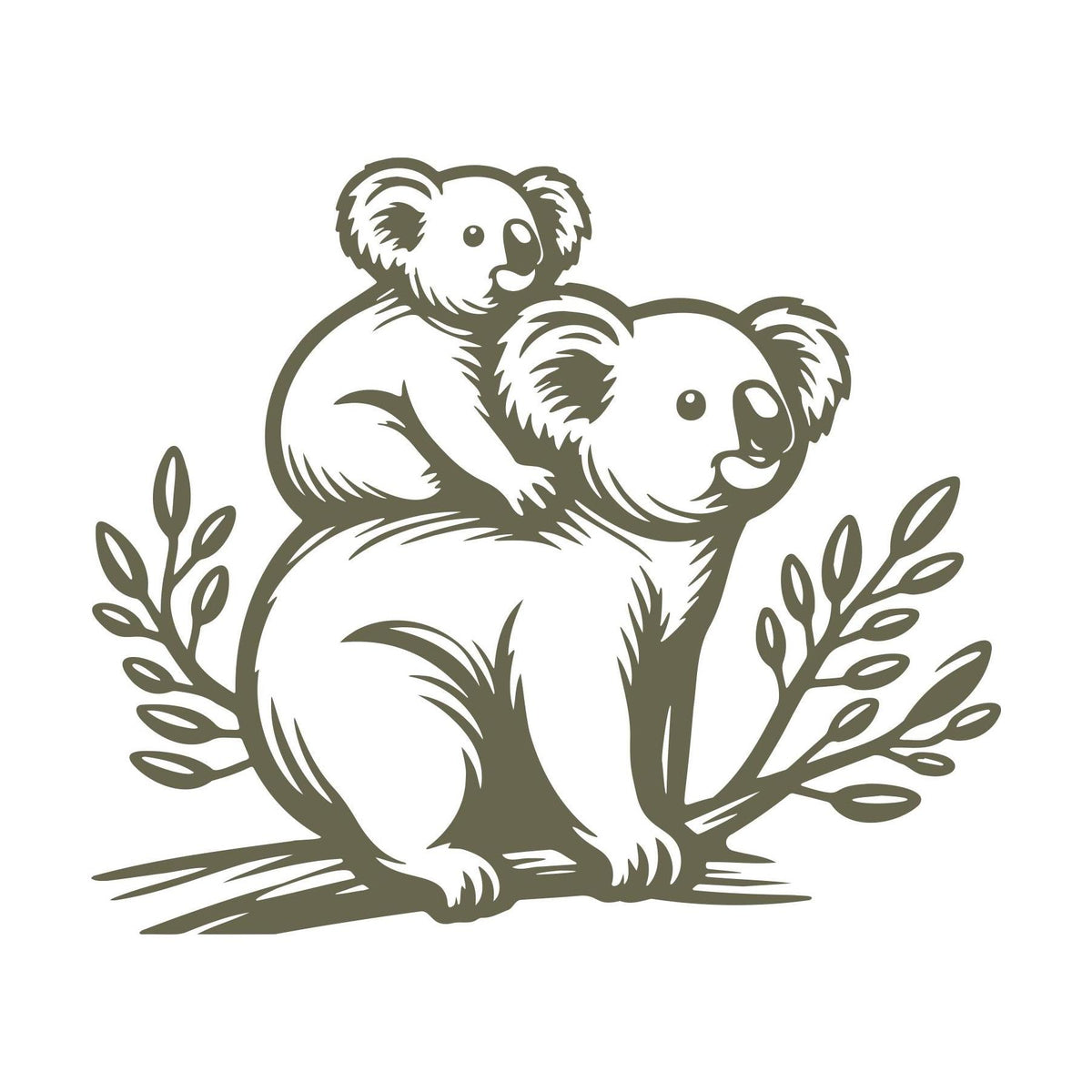 Illustration of a koala with a baby on its back, designed for Delrin leather stamping.