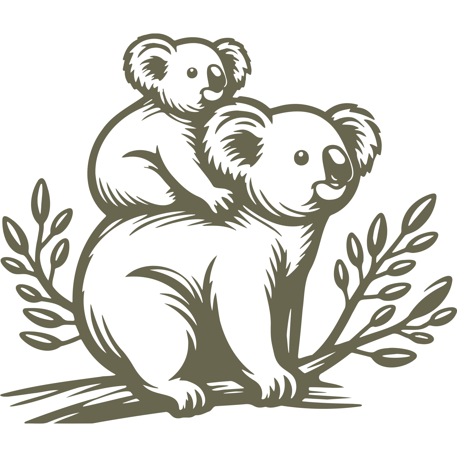 Illustration of a koala with a baby on its back, designed for Delrin leather stamping.