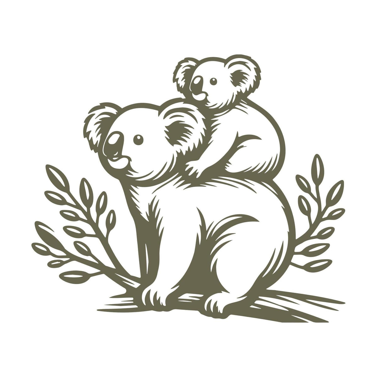 Illustration of a koala with a baby on its back, designed for Delrin leather stamping.