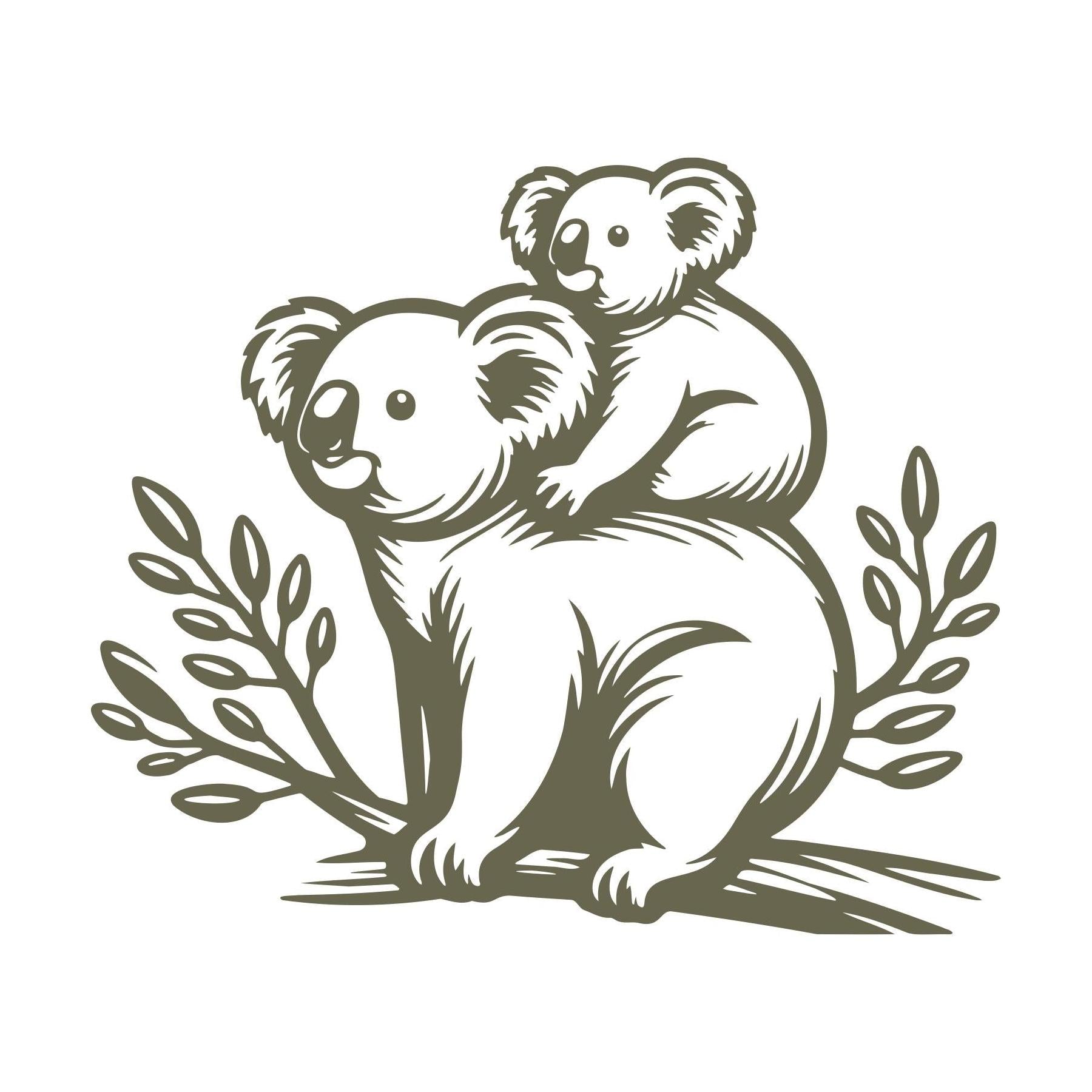 Illustration of a koala with a baby on its back, designed for Delrin leather stamping.