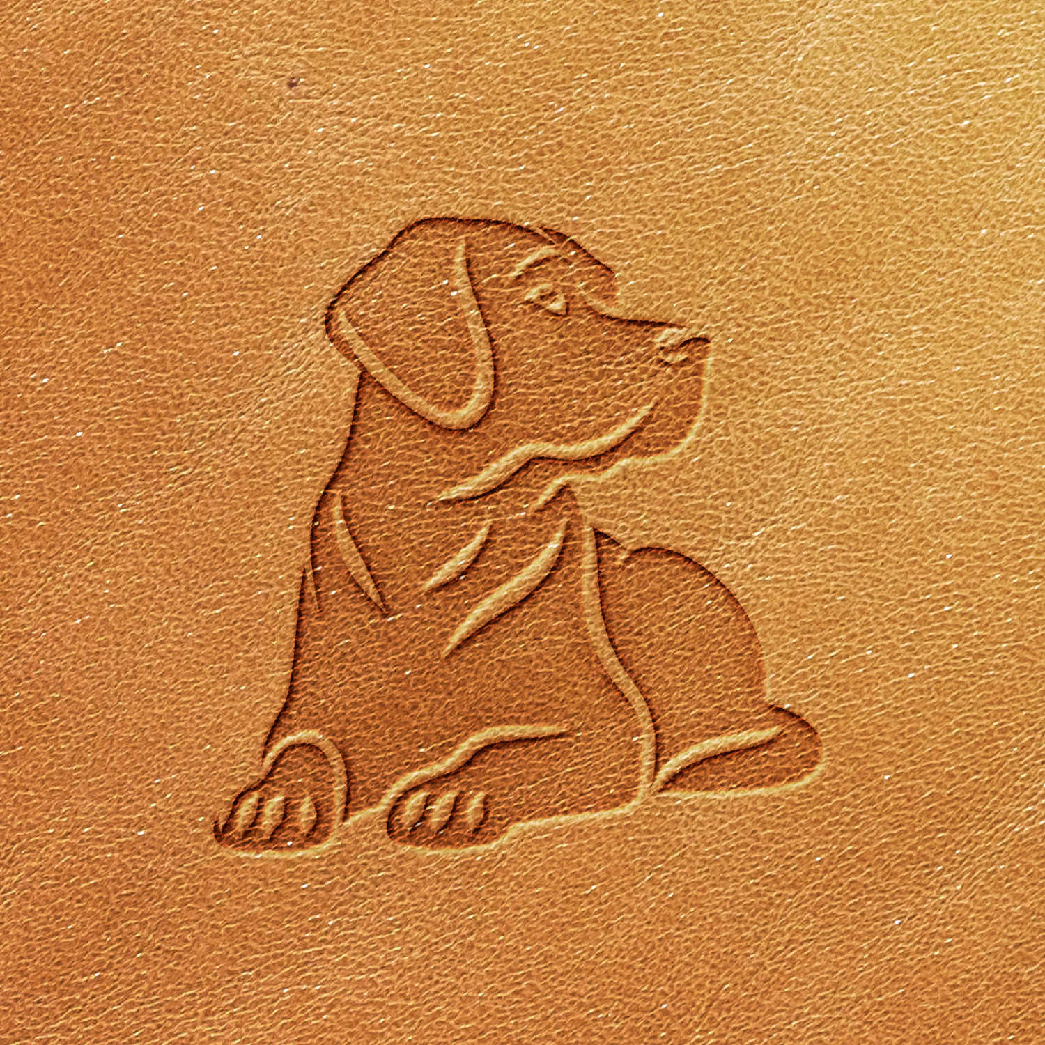 The Labrador Dog Delrin Leather Stamp features a leather surface embossed with the outline of a dog in a sitting position, facing left. The dog's detailing is minimal, showcasing its head, ear, body, and legs for a simple yet distinct representation against a uniform tan leather texture.