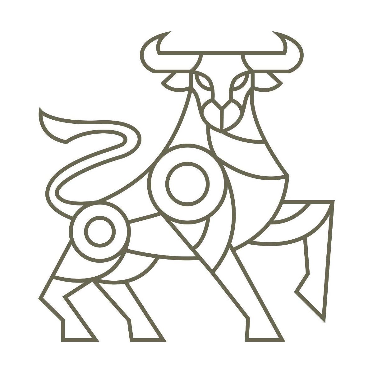 Delrin leather stamp design of a geometric bull standing in a bold, evenly weighted line style.