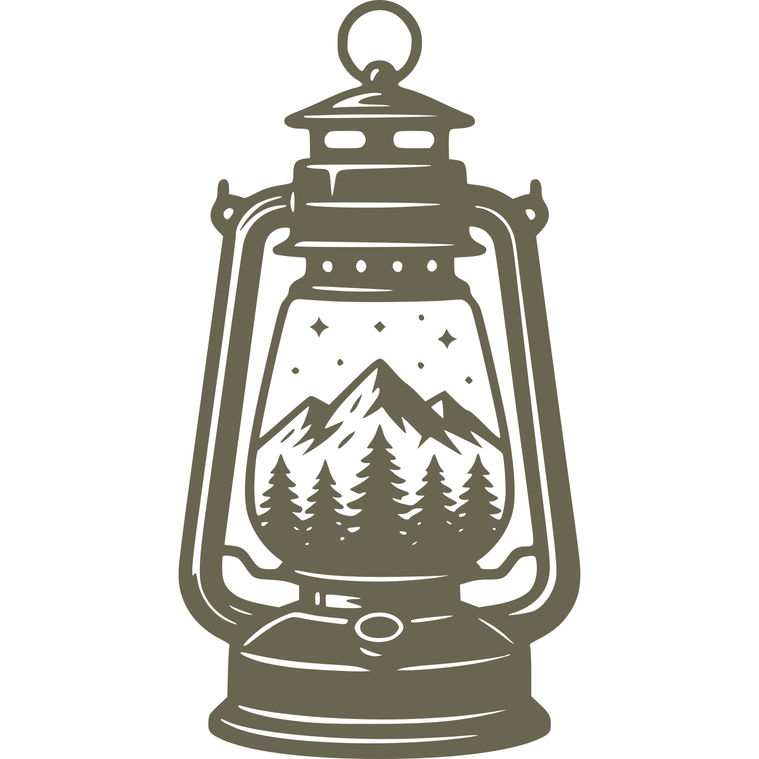 Delrin leather stamp design of a vintage lantern with a mountain scene inside—perfect for camping, outdoors, or adventure-themed leather projects.
