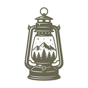 Delrin leather stamp design of a vintage lantern with a mountain scene inside—perfect for camping, outdoors, or adventure-themed leather projects.