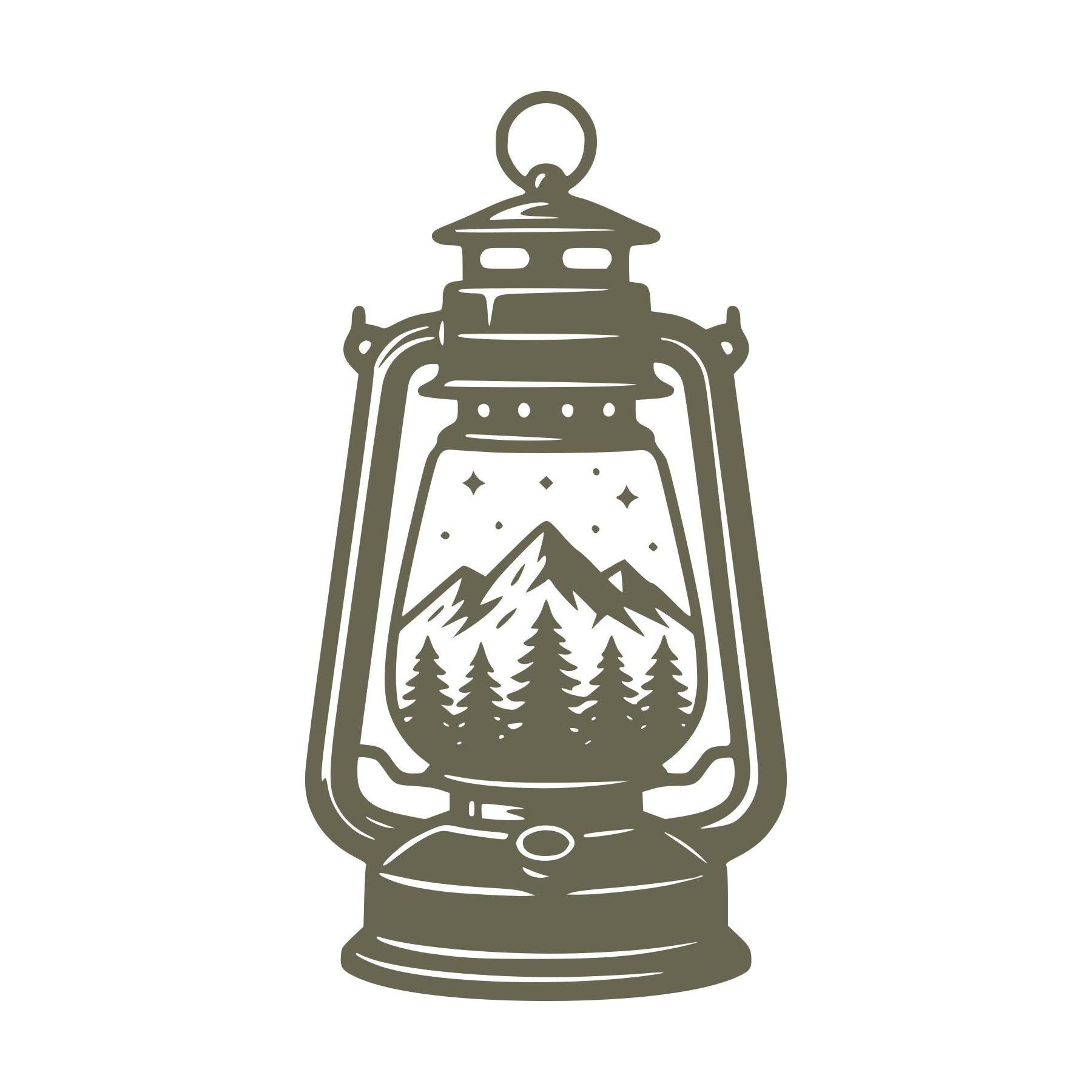Delrin leather stamp design of a vintage lantern with a mountain scene inside—perfect for camping, outdoors, or adventure-themed leather projects.