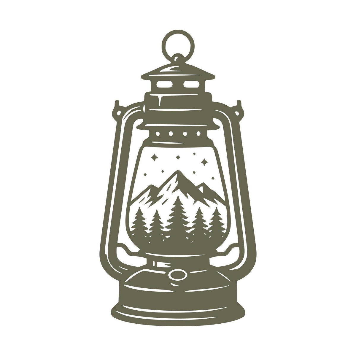 Delrin leather stamp design of a vintage lantern with a mountain scene inside—perfect for camping, outdoors, or adventure-themed leather projects.