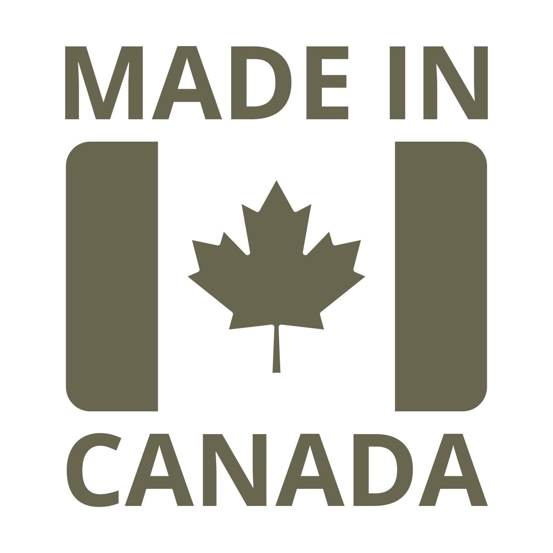 Made in Canada flag stamp design with maple leaf and bold block lettering