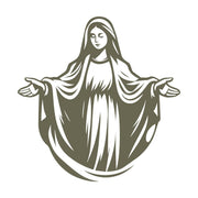 Graceful depiction of the Virgin Mary with open arms, flowing robes, and a serene expression.