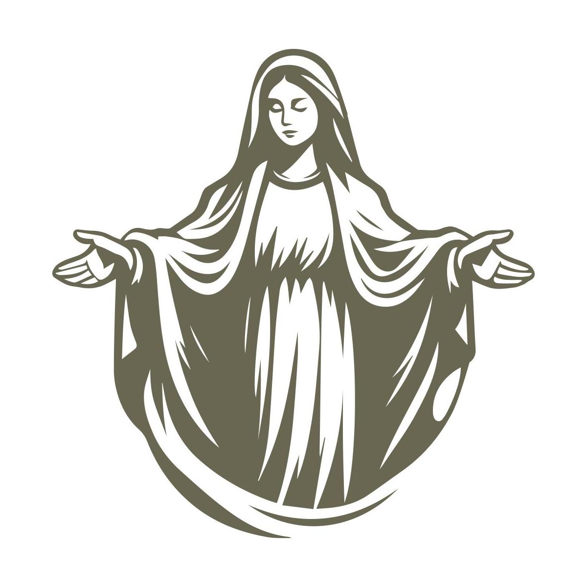 Graceful depiction of the Virgin Mary with open arms, flowing robes, and a serene expression.