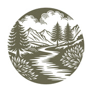 Circular landscape design featuring a winding river, pine trees, mountains, shrubs, and stylized clouds