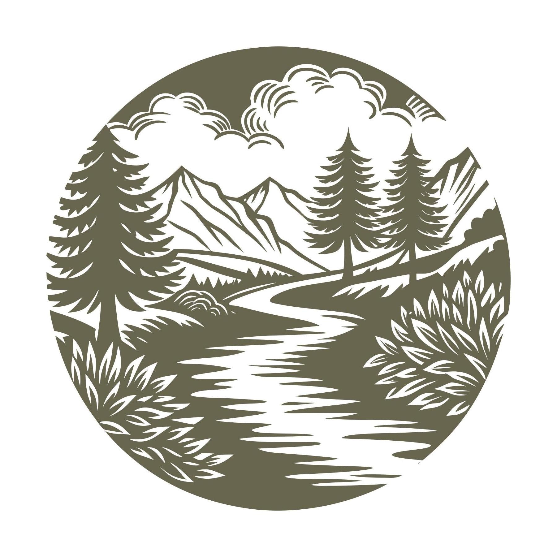 Circular landscape design featuring a winding river, pine trees, mountains, shrubs, and stylized clouds