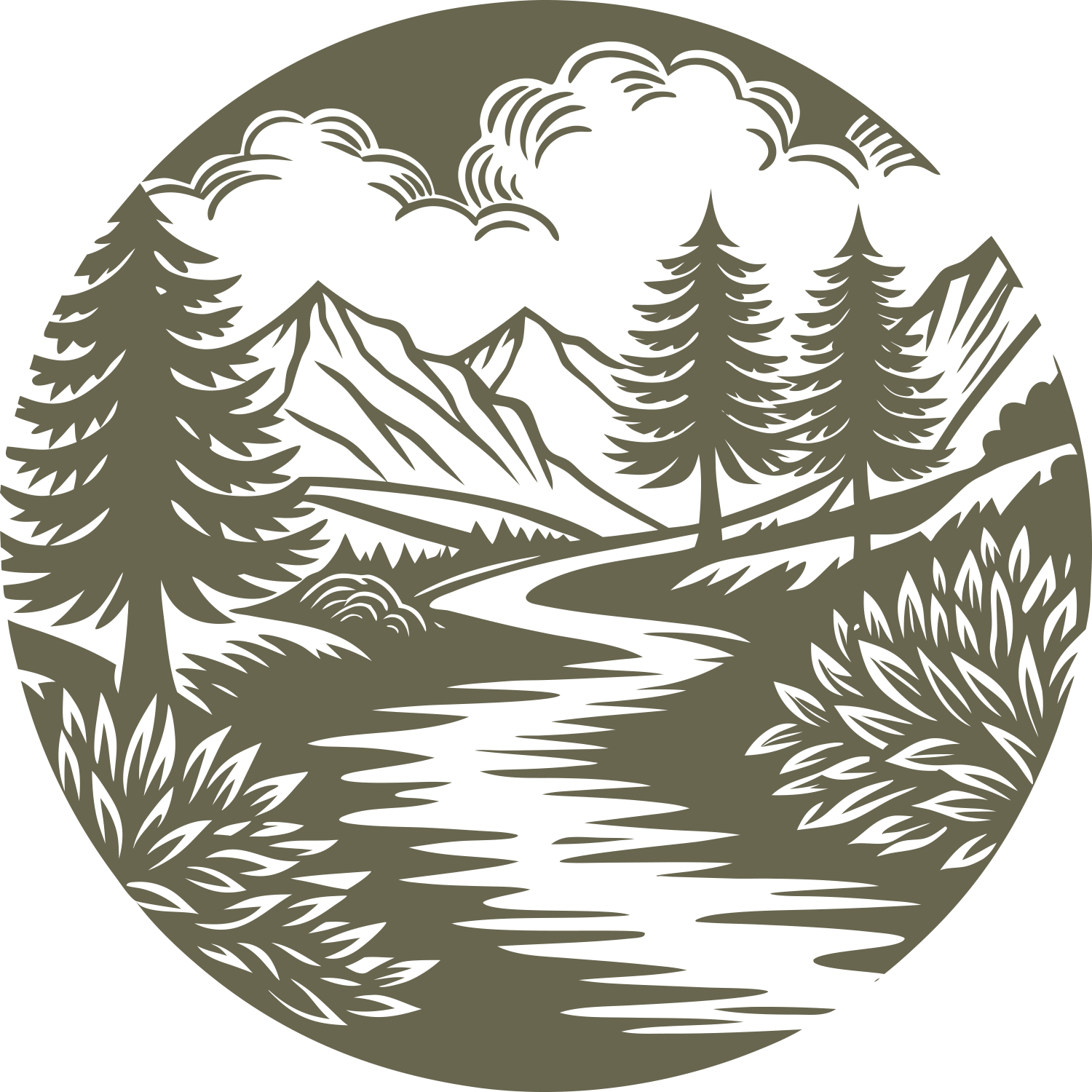 Circular landscape design featuring a winding river, pine trees, mountains, shrubs, and stylized clouds
