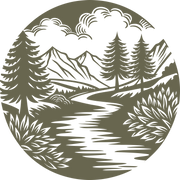 Circular landscape design featuring a winding river, pine trees, mountains, shrubs, and stylized clouds