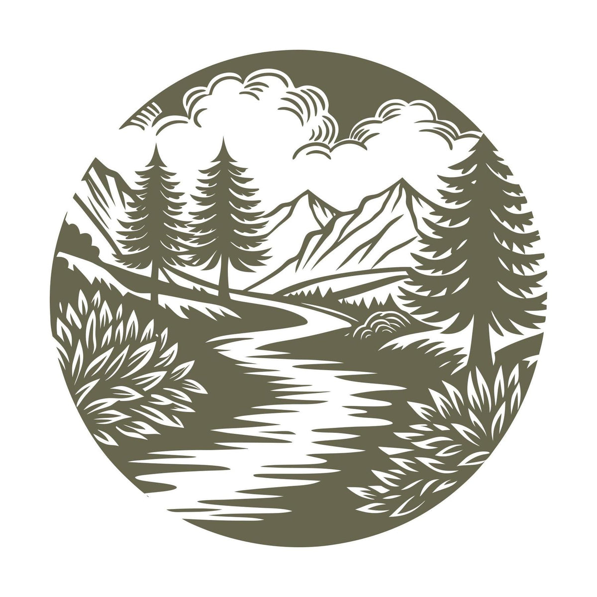 Circular landscape design featuring a winding river, pine trees, mountains, shrubs, and stylized clouds