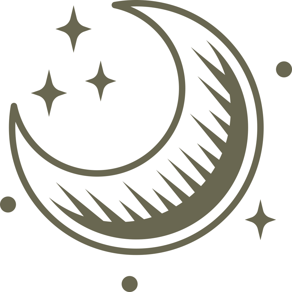 Crescent moon with radiating lines, surrounded by small stars and dots for a celestial design.