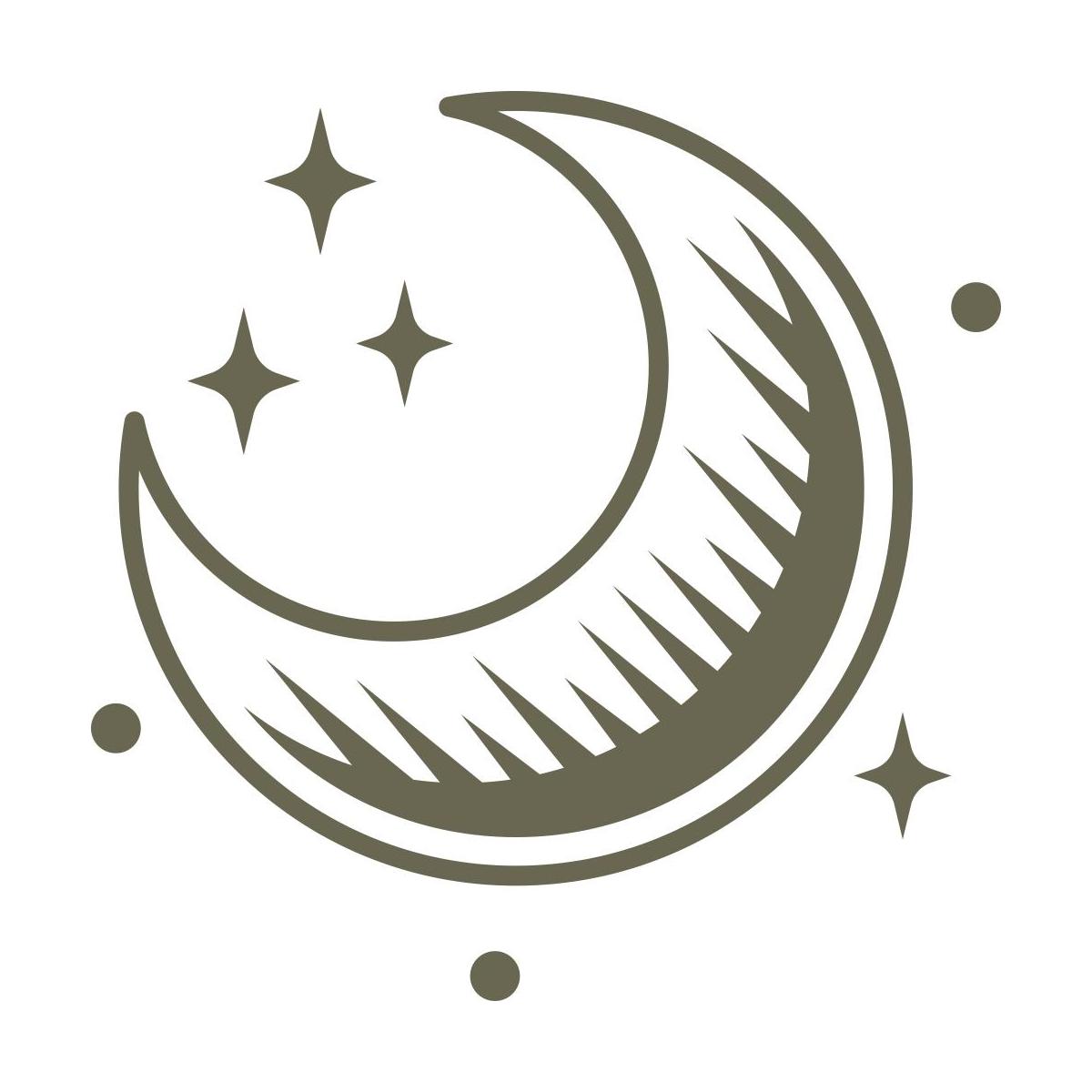 Crescent moon with radiating lines, surrounded by small stars and dots for a celestial design.