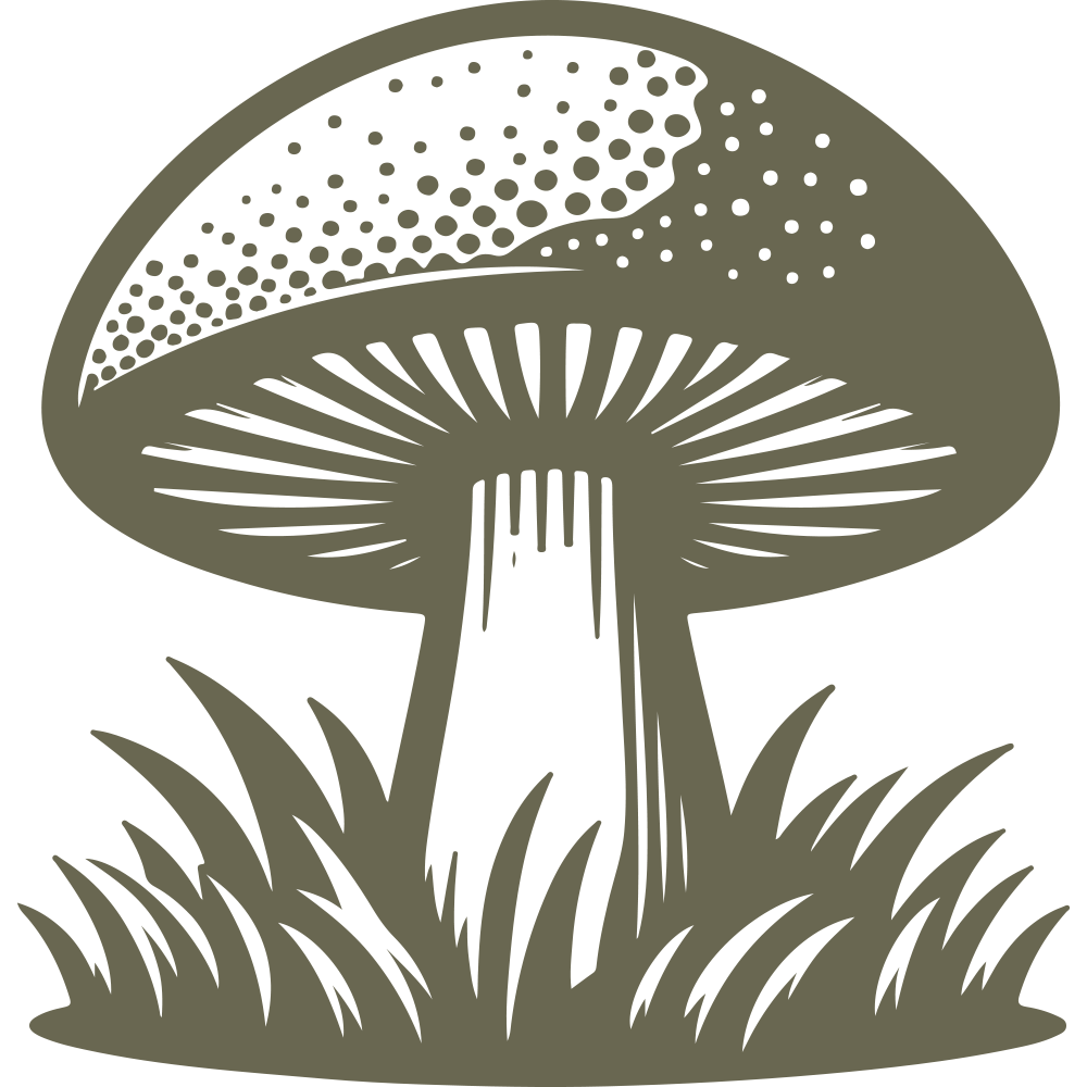 Detailed mushroom design with a speckled cap and grass, ideal for nature-themed leather stamping.