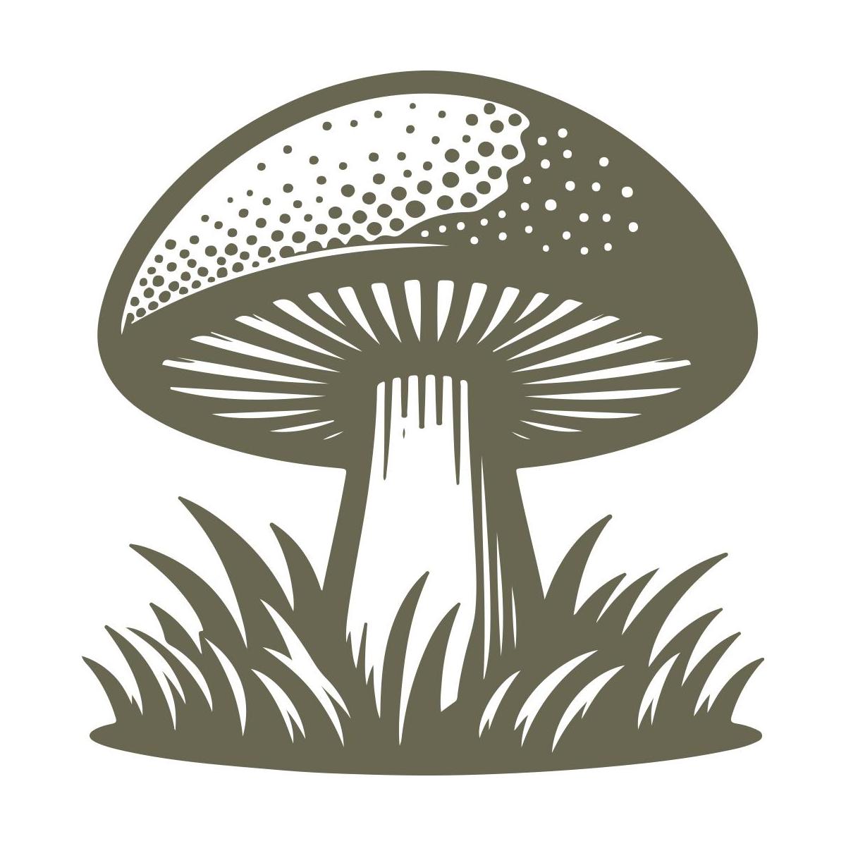 Detailed mushroom design with a speckled cap and grass, ideal for nature-themed leather stamping.
