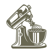 Classic stand mixer design featuring a tilted head, wire whisk attachment, and a mixing bowl in a vintage-inspired style.