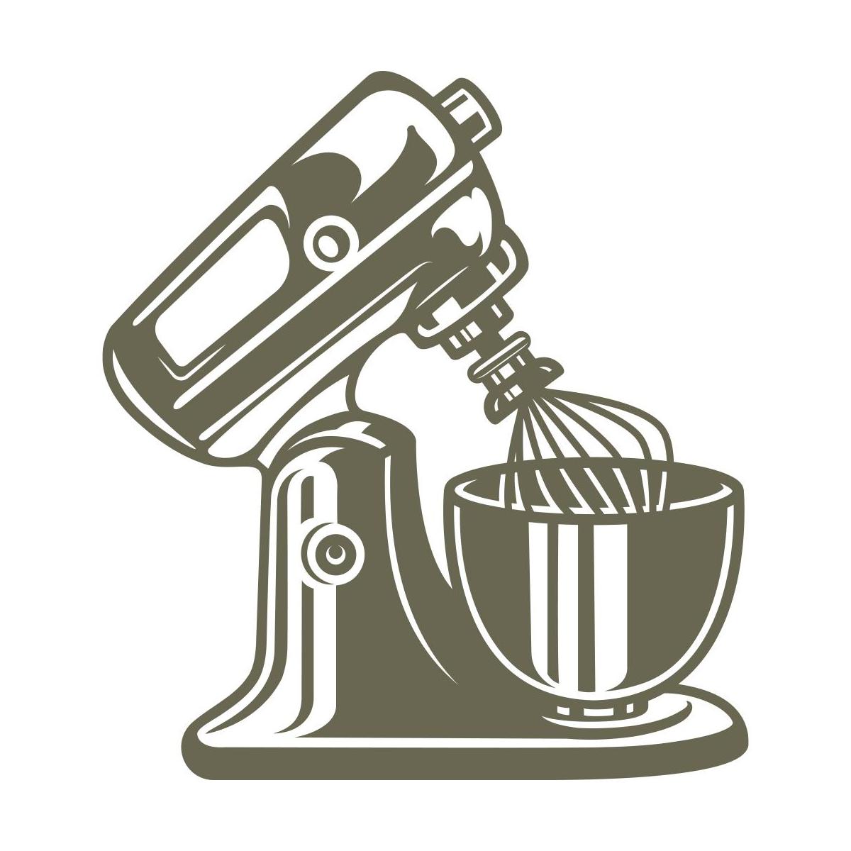 Classic stand mixer design featuring a tilted head, wire whisk attachment, and a mixing bowl in a vintage-inspired style.