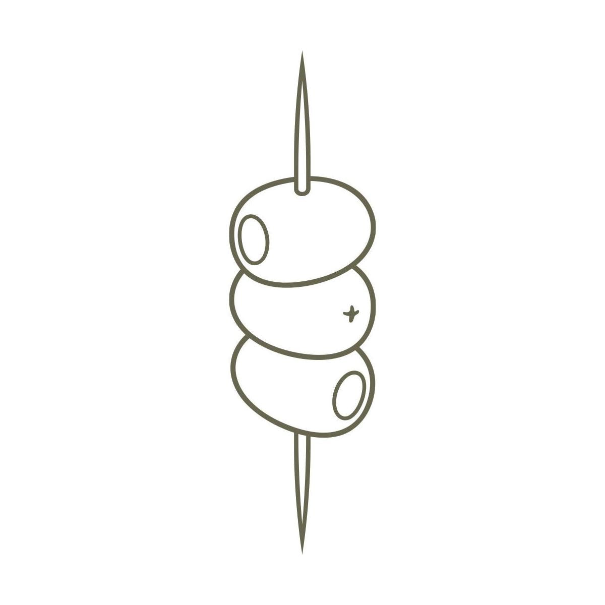 Delrin leather stamp featuring a stack of three martini olives on a cocktail pick—adds a fun, retro vibe to barware accessories, custom coasters, or cocktail-themed leather gifts.