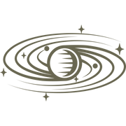 Dynamic swirling planet with multiple rings and small celestial bodies, a cosmic-inspired stamp design.