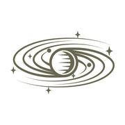 Dynamic swirling planet with multiple rings and small celestial bodies, a cosmic-inspired stamp design.