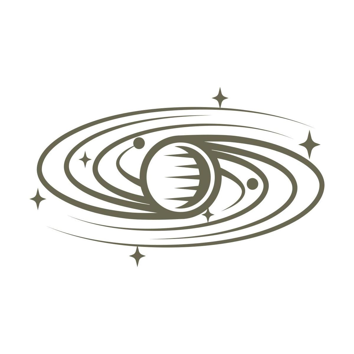 Dynamic swirling planet with multiple rings and small celestial bodies, a cosmic-inspired stamp design.
