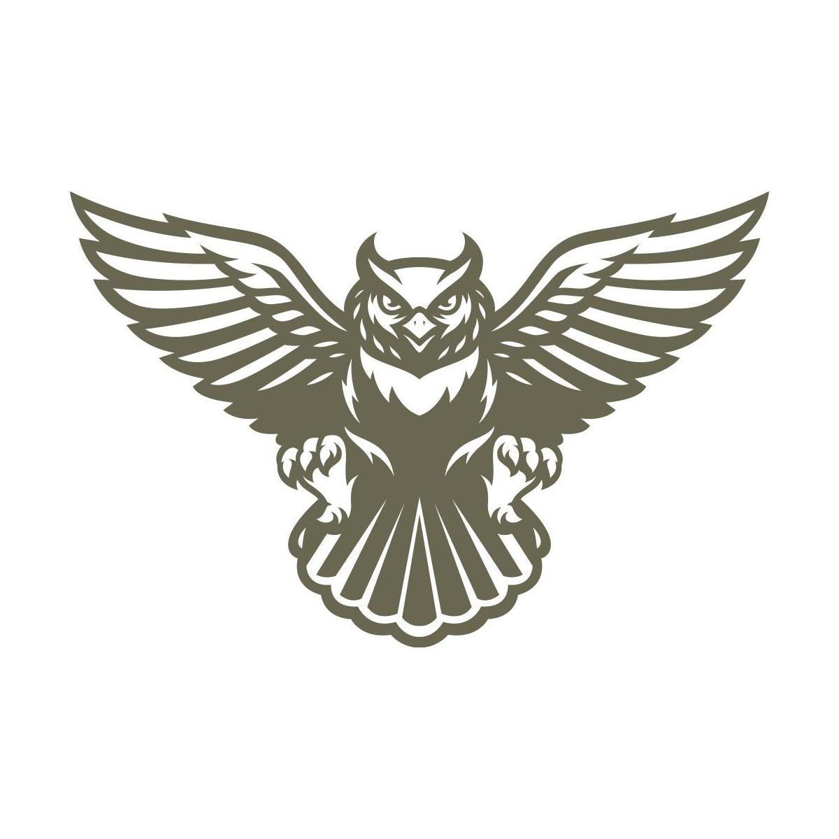 Detailed owl design with outstretched wings, fierce gaze, and intricate feather details, capturing the essence of wisdom and power.